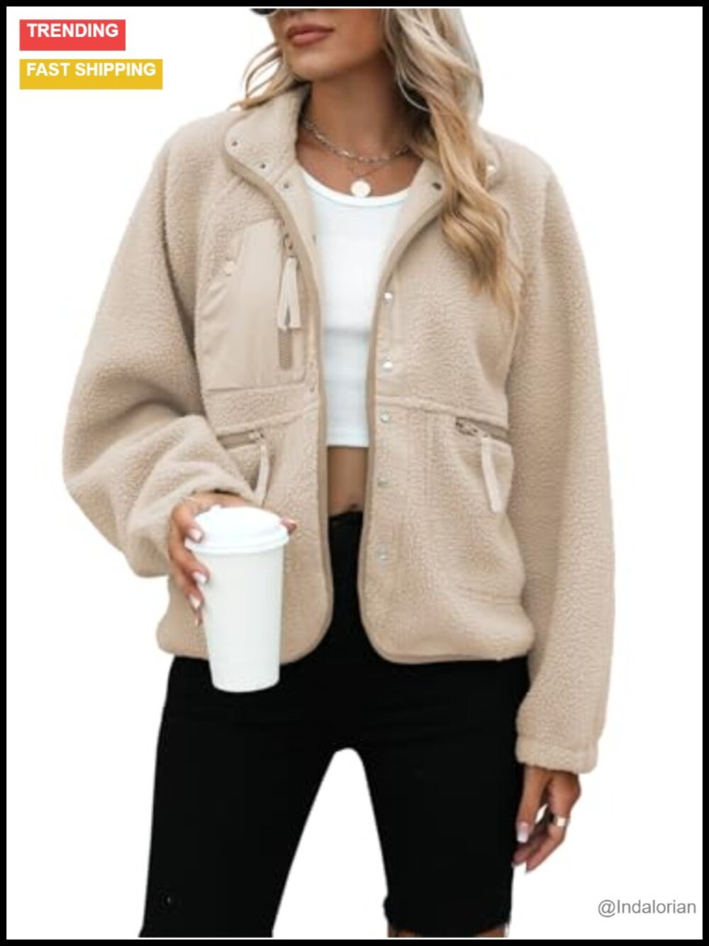 Women's Sherpa Fleece Button Up Jacket Oversized Cropped Fuzzy Coat